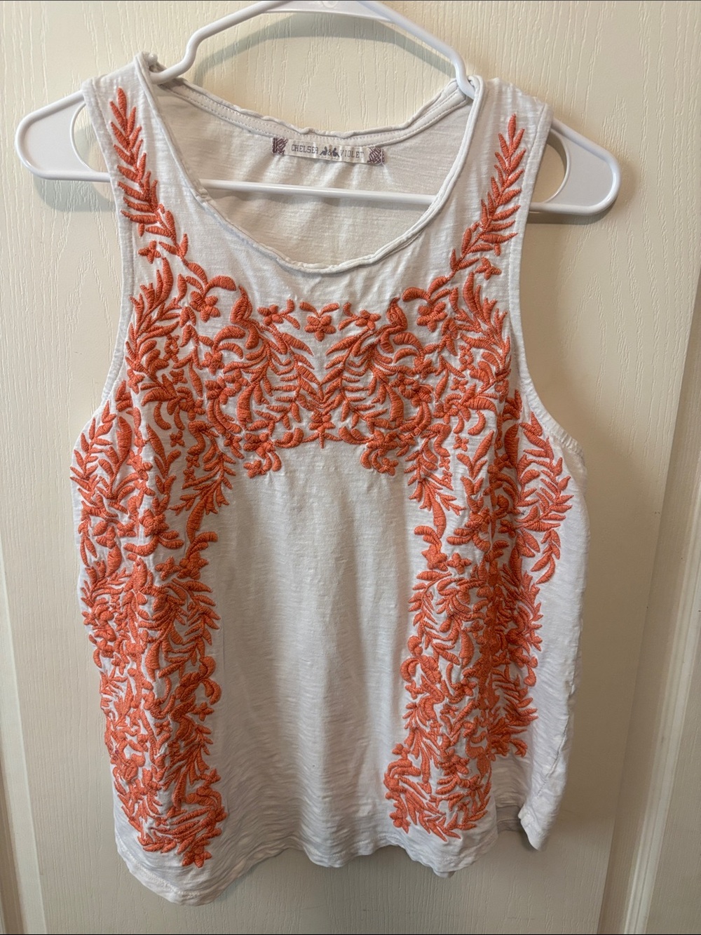 Chelsea & Violet White Tank Top with Orange Embroidery